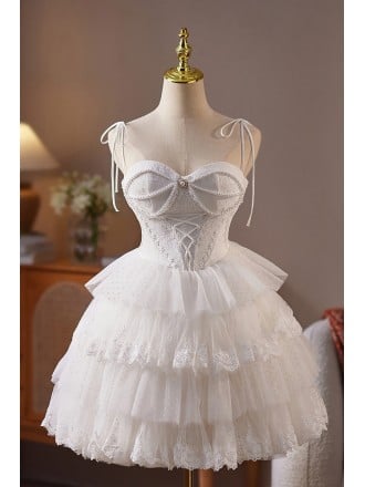 Adorable White Short Prom Dress With Pearl Embellishments And Ruffled Layers For Homecoming