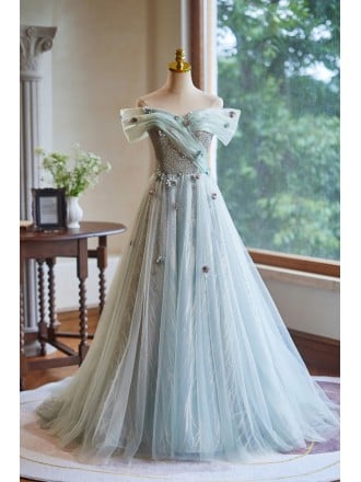 Off Shoulder Mint Green Prom Dress With Floral Embellishments And Tulle Skirt Long Length For Homecoming