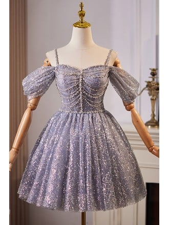 Glamorous Lavender Prom Dress With Beaded Detailing And Off Shoulder Short Sleeves For Homecoming Event