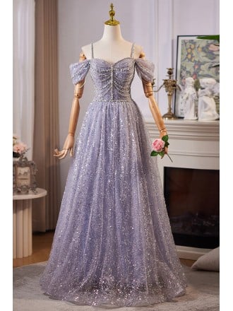 Luxury Lavender Prom Dress With Sequined Bodice And Puffy Sleeves Long Length For Homecoming