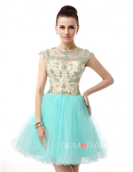 A-Line Scoop Neck Short Tulle Prom Dress With Beading Appliquer Lace