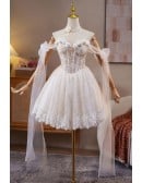 Ethereal White Lace Short Homecoming Dress With Off The Shoulder Sleeves For Prom