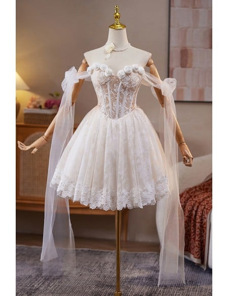 Ethereal White Lace Short Homecoming Dress With Off The Shoulder Sleeves For Prom