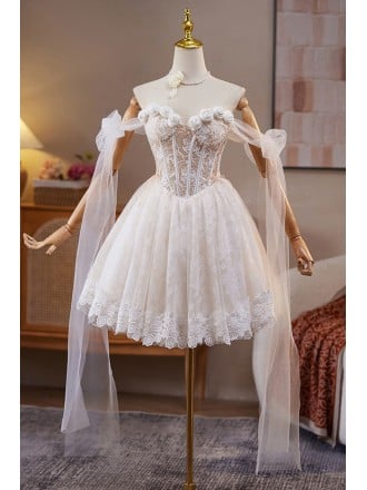 Ethereal White Lace Short Homecoming Dress With Off The Shoulder Sleeves For Prom