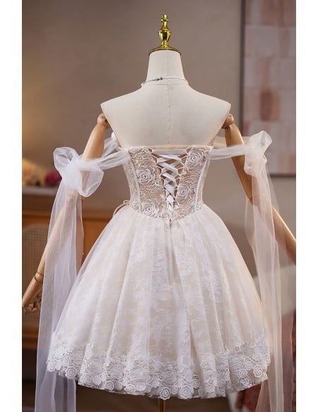 Ethereal White Lace Short Homecoming Dress With Off The Shoulder Sleeves For Prom