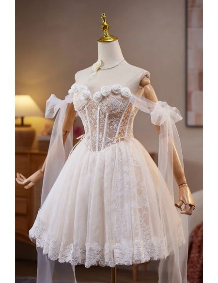 Ethereal White Lace Short Homecoming Dress With Off The Shoulder Sleeves For Prom