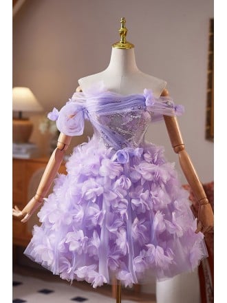 Ethereal Lavender Flowers Homecoming Dress With Off Shoulder Ruffles And Beaded Waist For Prom