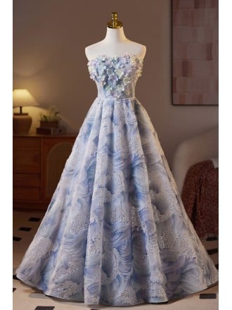 Majestic Light Blue Prom Dress With Floral Embellishments And Beaded Sequins Long Length For Formal