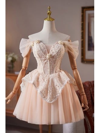 Ethereal Light Champagne Short Homecoming Dress With Floral Embellishments And Puffy Sleeves For Prom