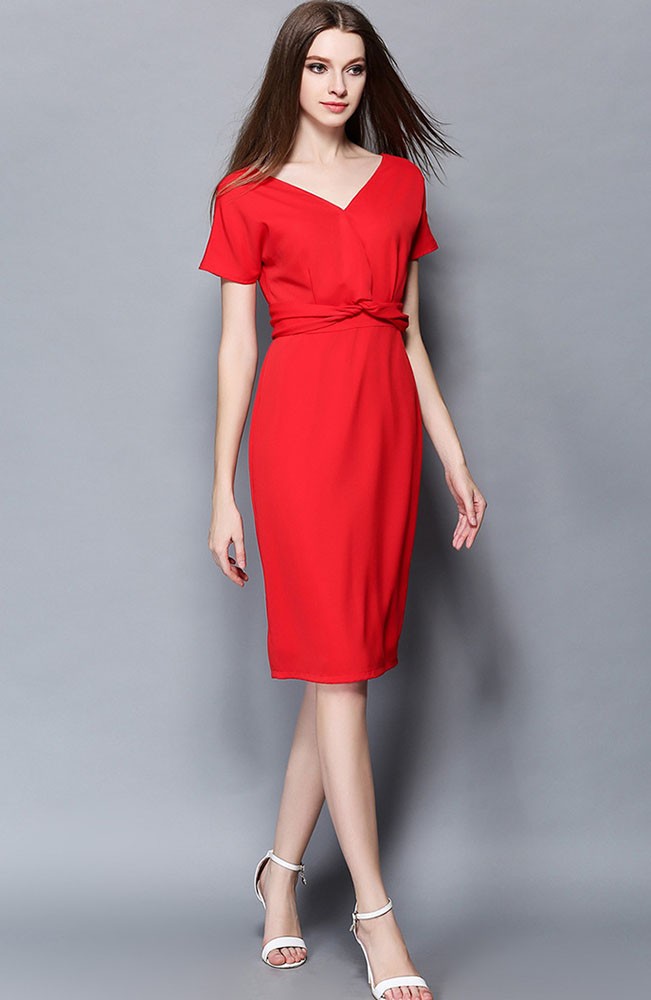 Red V-nek Knee-Length Party Dress -GemGrace