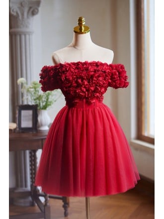Off Shoulder Red Homecoming Dress With Floral Embellishments Short Length For Prom