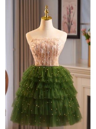 Eye-catching Green Homecoming Dress With Sequined Beige Top And Ruffled Skirt For Prom Night