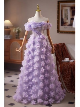 Enchanting Lavender Long Prom Dress With Floral Embellishments And Off-the-shoulder Ruffles For Formal