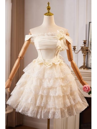 Charming Champagne Homecoming Dress With Off Shoulder Ruffles And Lace Skirt Short Length For Prom