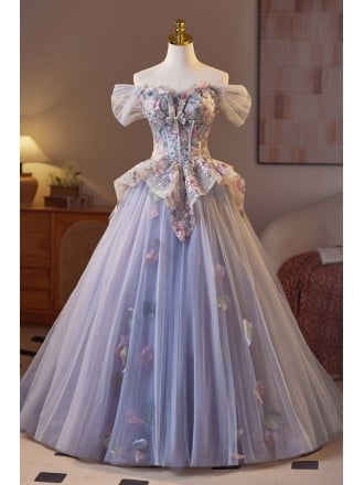 Dreamy Lavender Floral Prom Dress With Beaded Bodice And Flowing Tulle Skirt For Formal Events