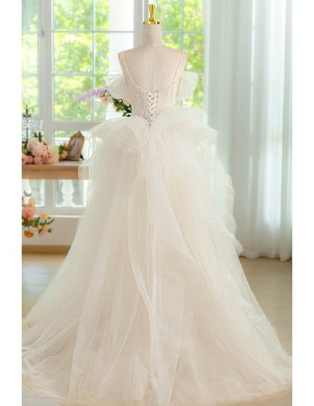 Elegant White Wedding Dress With Beaded Lace Bodice And Ruffled Tulle Skirt Long Length For Prom