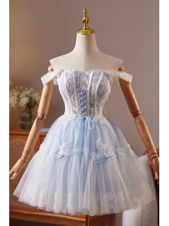 Graceful Light Blue Short Homecoming Dress With Off The Shoulder Lace For Prom