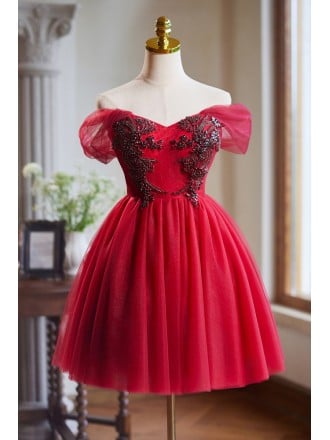 Off Shoulder Red Prom Dress With Black Beaded Embroidery And Tulle Skirt Short Length For Homecoming
