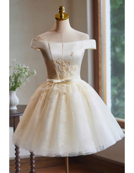 Off Shoulder Champagne Prom Dress With Gold Embroidery And Tulle Skirt Short Length For Homecoming