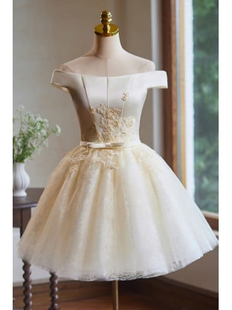 Off Shoulder Champagne Prom Dress With Gold Embroidery And Tulle Skirt Short Length For Homecoming