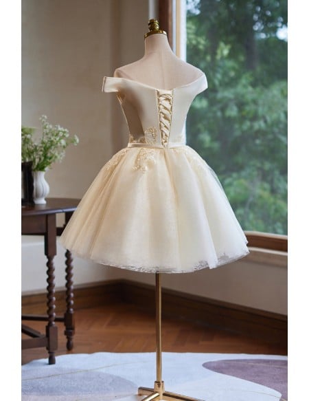 Off Shoulder Champagne Prom Dress With Gold Embroidery And Tulle Skirt Short Length For Homecoming