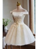 Off Shoulder Champagne Prom Dress With Gold Embroidery And Tulle Skirt Short Length For Homecoming