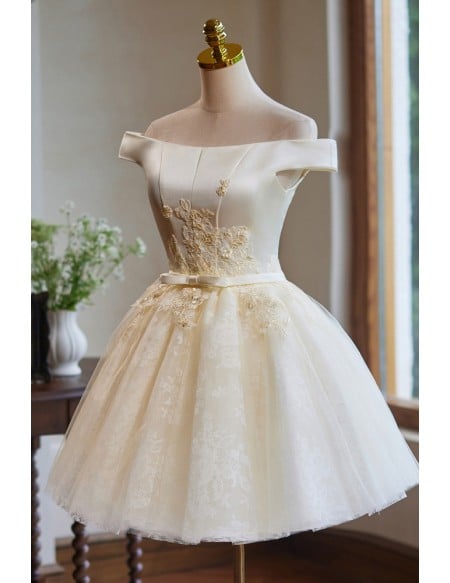 Off Shoulder Champagne Prom Dress With Gold Embroidery And Tulle Skirt Short Length For Homecoming