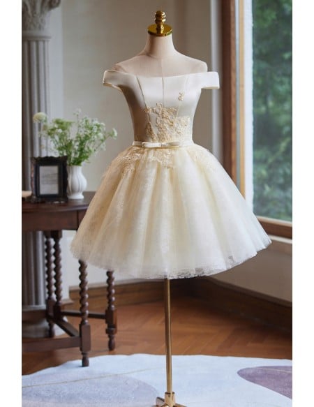 Off Shoulder Champagne Prom Dress With Gold Embroidery And Tulle Skirt Short Length For Homecoming