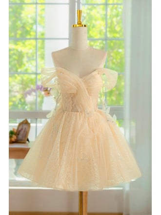 Delicate Peach Homecoming Dress With Ruffled Off Shoulder Sleeves And Beaded Tulle Skirt Short Length For Prom