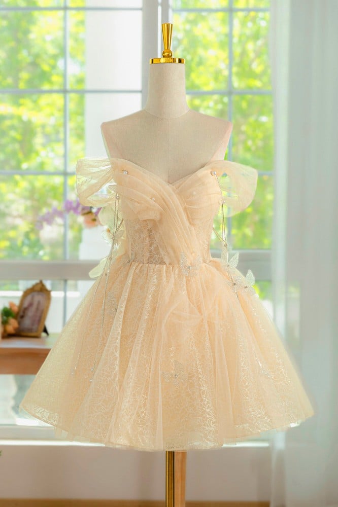 Apricot suspender pleated waist slimming flower bud skirt short skirt homecoming dress R4428 main image 0