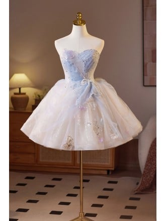 Exquisite White And Light Blue Homecoming Dress With Sequined Bodice And Tulle Skirt Short Length For Prom
