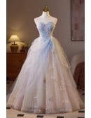 Elegant Light Blue And White Formal Dress With Beaded Sweetheart Neckline And Flowing Tulle Skirt Long Length For Prom