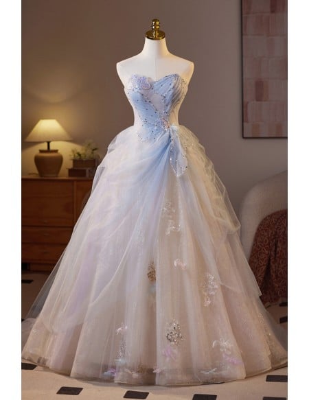 Elegant Light Blue And White Formal Dress With Beaded Sweetheart Neckline And Flowing Tulle Skirt Long Length For Prom