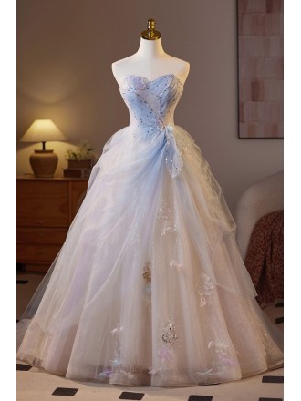 Elegant Light Blue And White Formal Dress With Beaded Sweetheart Neckline And Flowing Tulle Skirt Long Length For Prom