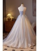 Elegant Light Blue And White Formal Dress With Beaded Sweetheart Neckline And Flowing Tulle Skirt Long Length For Prom