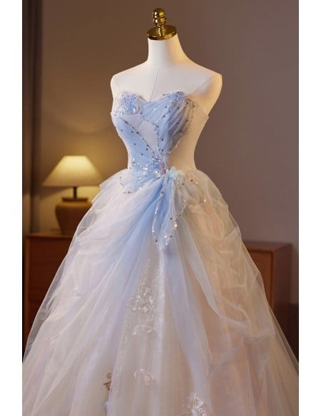Elegant Light Blue And White Formal Dress With Beaded Sweetheart Neckline And Flowing Tulle Skirt Long Length For Prom