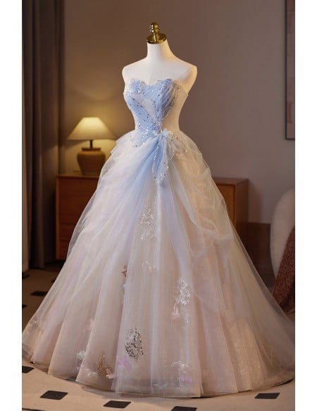Elegant Light Blue And White Formal Dress With Beaded Sweetheart Neckline And Flowing Tulle Skirt Long Length For Prom