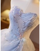 Elegant Light Blue And White Formal Dress With Beaded Sweetheart Neckline And Flowing Tulle Skirt Long Length For Prom