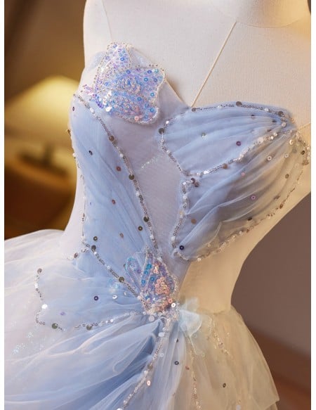 Elegant Light Blue And White Formal Dress With Beaded Sweetheart Neckline And Flowing Tulle Skirt Long Length For Prom