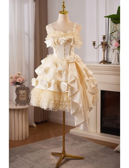 Retro Lolita Champagne Homecoming Dress With Ruffled Layers And Floral Embellishments Short Length For Prom