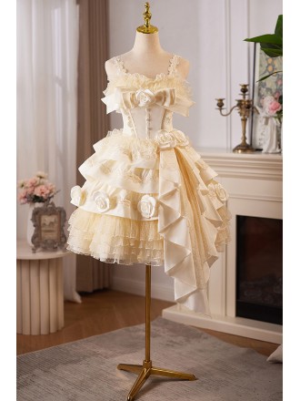 Retro Lolita Champagne Homecoming Dress With Ruffled Layers And Floral Embellishments Short Length For Prom