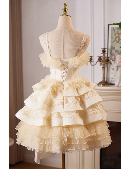 Retro Lolita Champagne Homecoming Dress With Ruffled Layers And Floral Embellishments Short Length For Prom