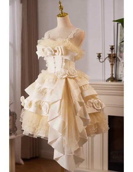 Retro Lolita Champagne Homecoming Dress With Ruffled Layers And Floral Embellishments Short Length For Prom