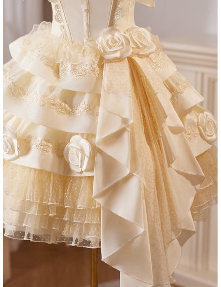 Retro Lolita Champagne Homecoming Dress With Ruffled Layers And Floral Embellishments Short Length For Prom