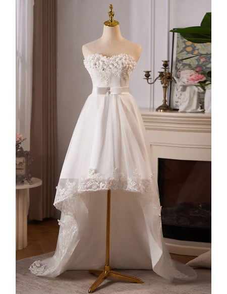 Graceful White High Low Wedding Dress With Lace Embroidery Sweetheart Neckline And Flowy Skirt For Brides