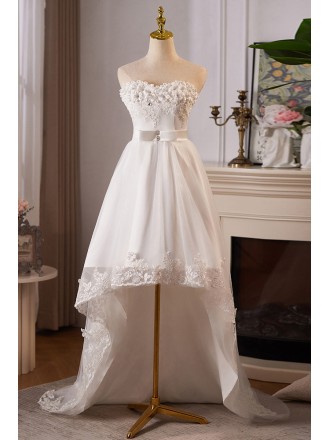 Graceful White High Low Wedding Dress With Lace Embroidery Sweetheart Neckline And Flowy Skirt For Brides