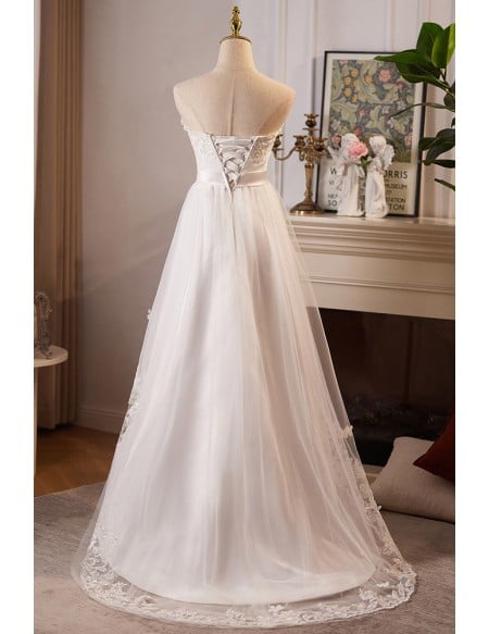 Graceful White High Low Wedding Dress With Lace Embroidery Sweetheart Neckline And Flowy Skirt For Brides