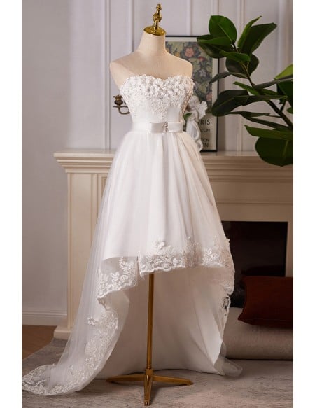 Graceful White High Low Wedding Dress With Lace Embroidery Sweetheart Neckline And Flowy Skirt For Brides