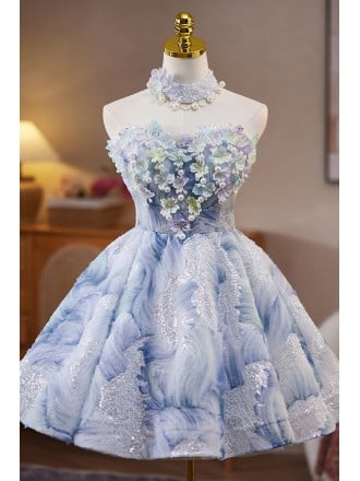 Breathtaking Light Blue Homecoming Dress With Floral Embellishments And Beaded Sequins Short Length For Prom