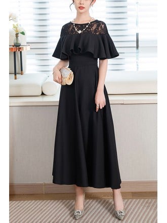 Classic Black Maxi Dress With Ruffled Cap Sleeves And Lace Detailing For Wedding Guest